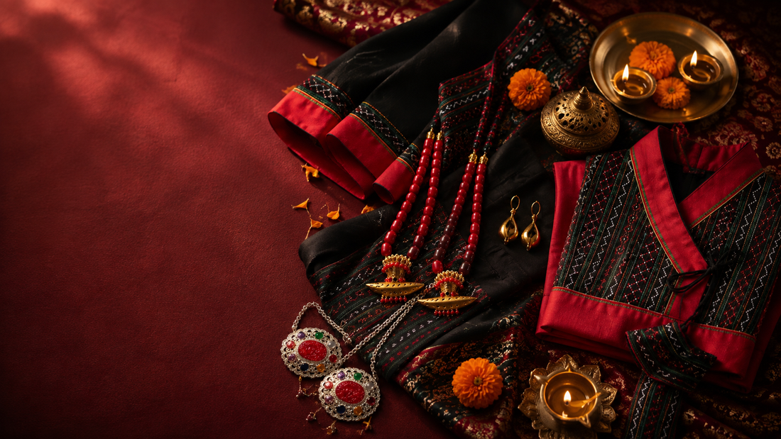 Newari festival flat lay featuring traditional black and red clothing, red-beaded Newari jewellery, gold earrings, marigold flowers and glowing brass diyas on a burgundy background.