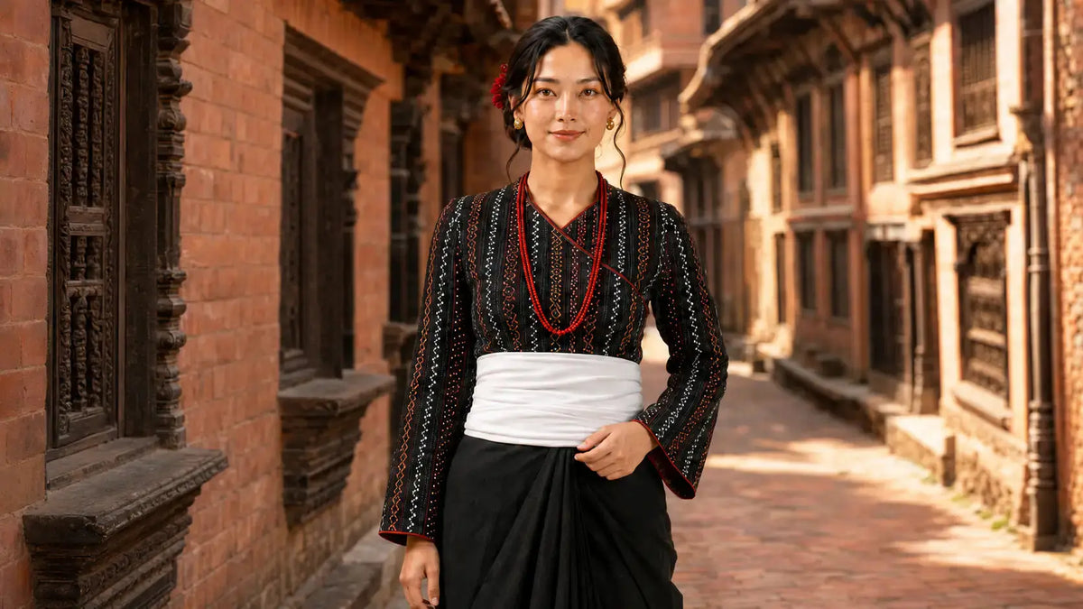 Newari woman in traditional dress standing in a heritage lane in Patan