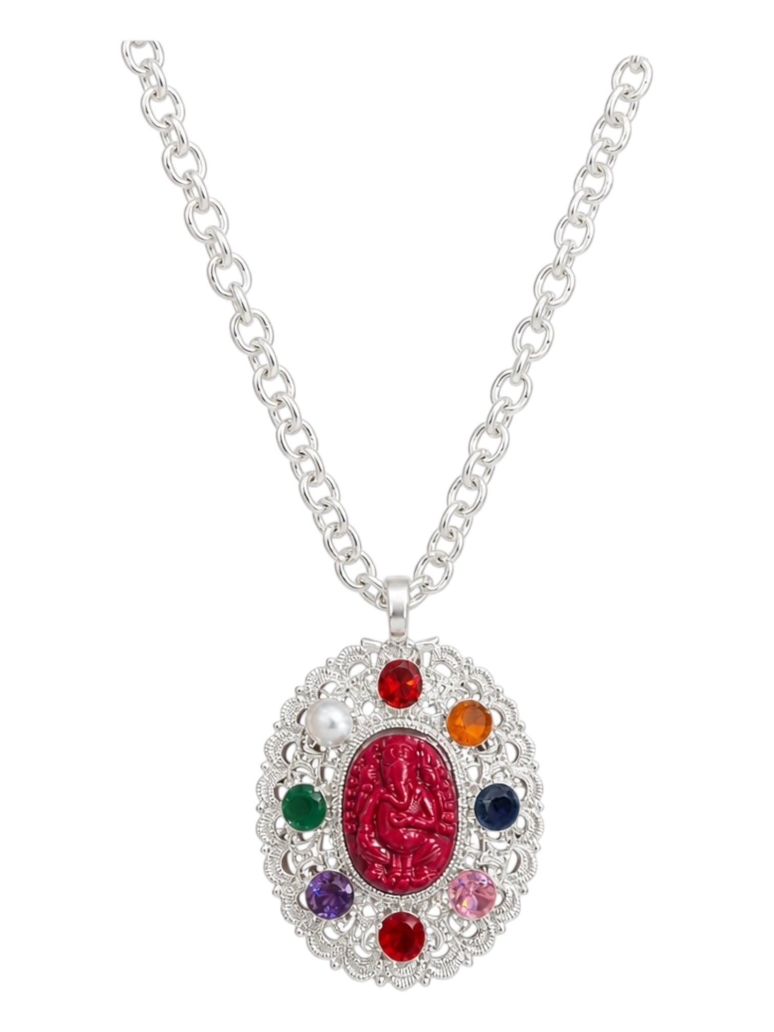 Ganesh Navaratna Pendant with silver-tone chain and multicolour stones on a clean white background.