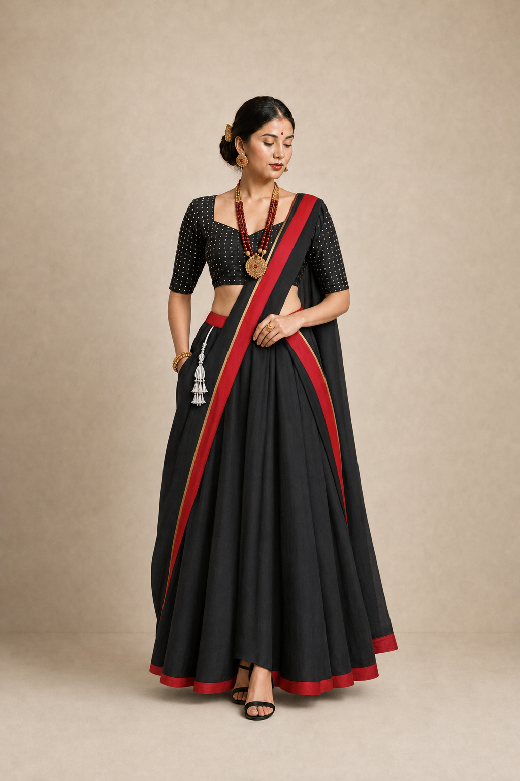 Woman wearing a black cotton Newari lehenga set with red-bordered drape